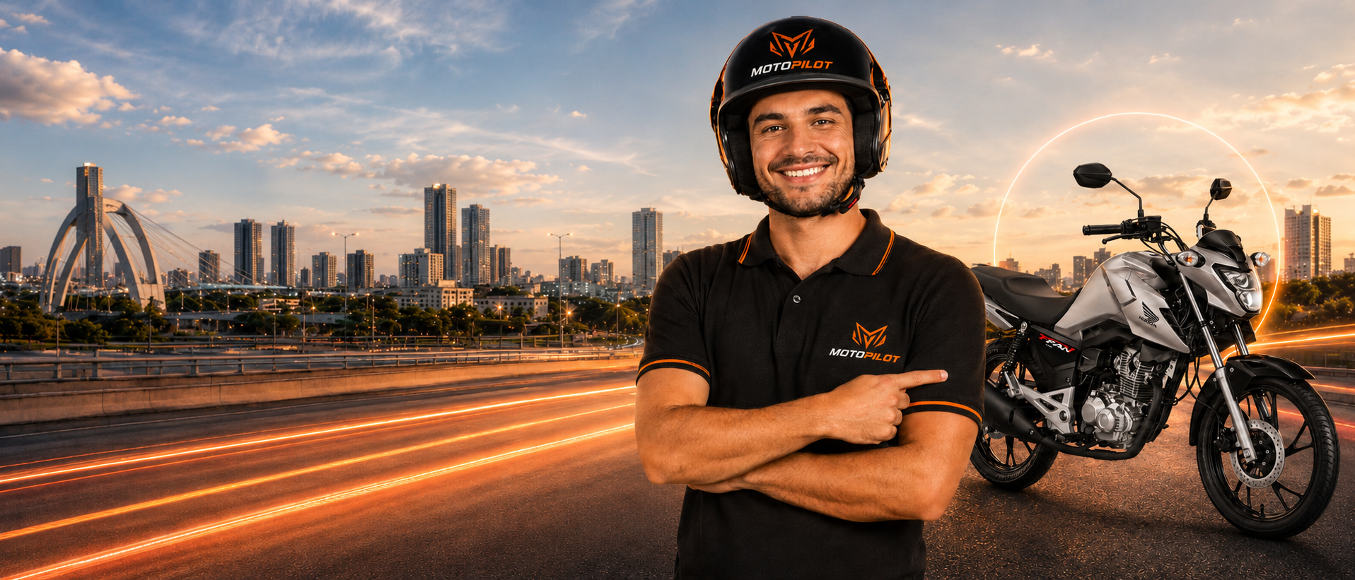 Motopilot — motoboy sorrindo apontando para moto Honda FAN com cidade ao pôr do sol